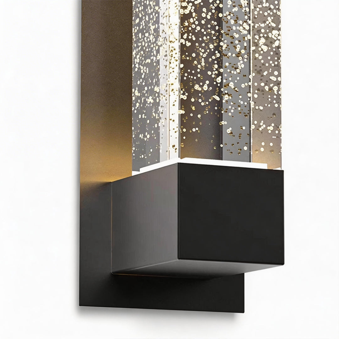 LED wall sconce outdoor isolated on white background, slim modern vertical fixture with warm LED illumination.