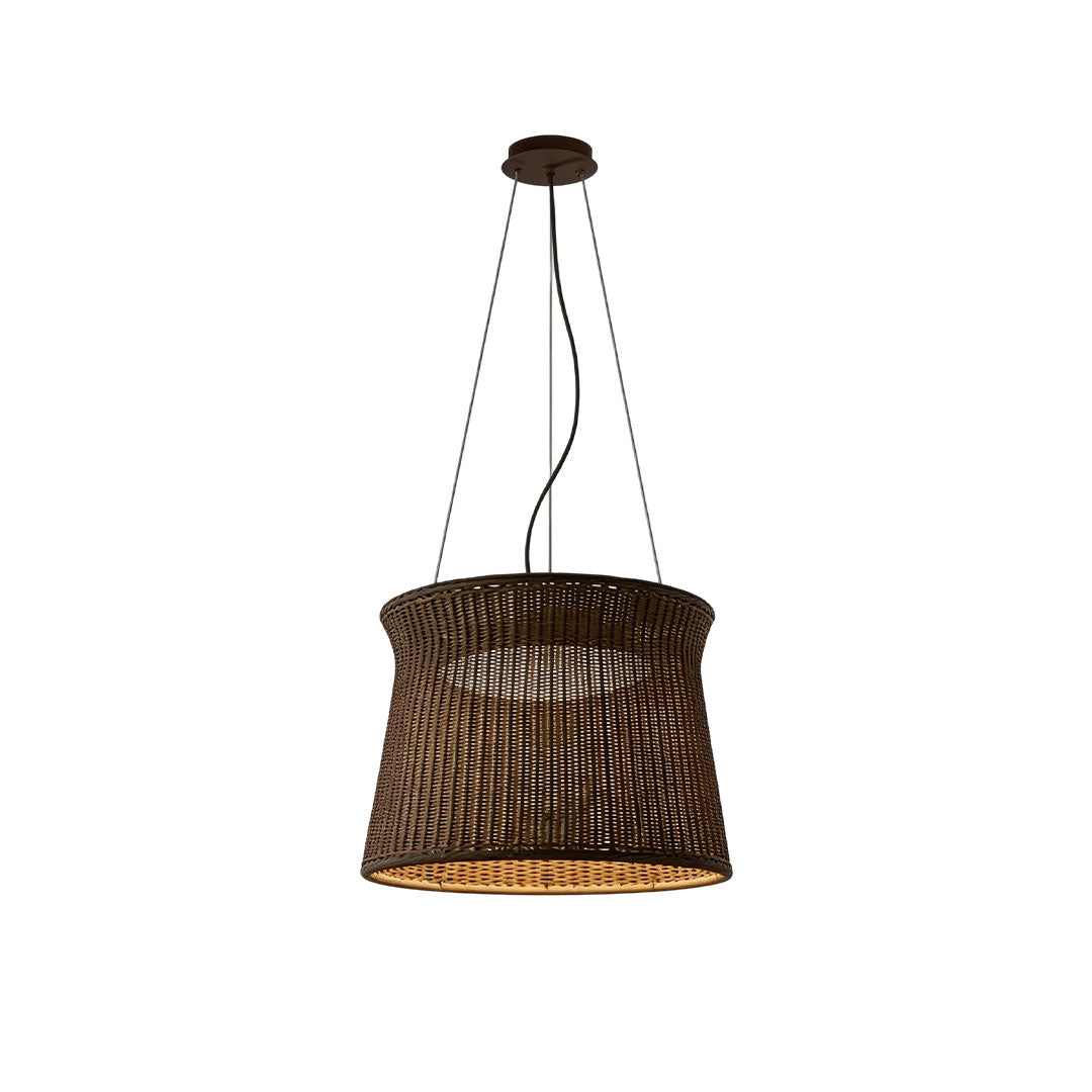 LED wall sconce outdoor woven light pendant dark brown rattan shade isolated on white background.