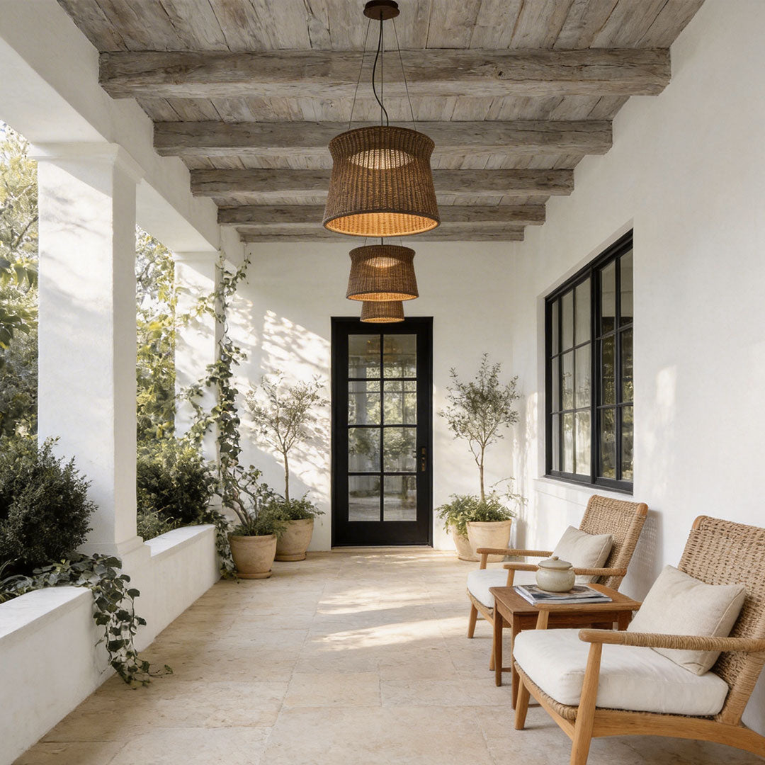 LED wall sconce outdoor woven light pendant on covered porch with rustic wood ceiling and cozy seating area.