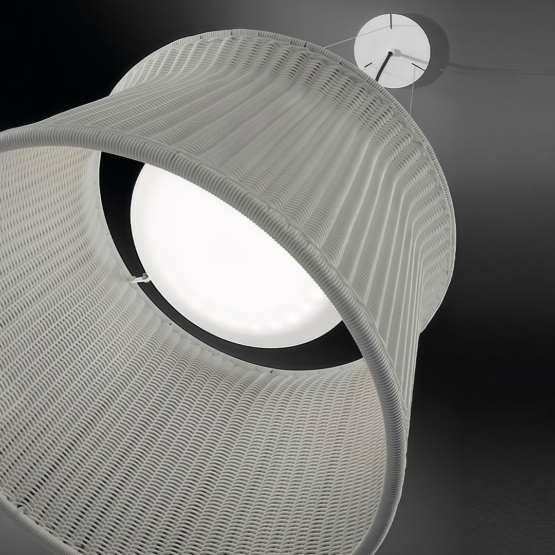 LED wall sconce outdoor woven light pendant close-up showing intricate woven texture and modern light diffuser.
