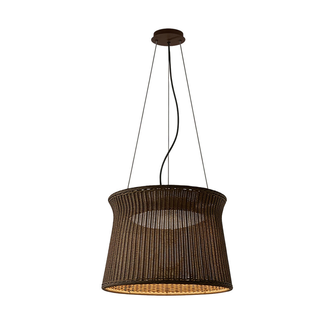 LED wall sconce outdoor woven light pendant wide shade design with warm glow isolated on white background.