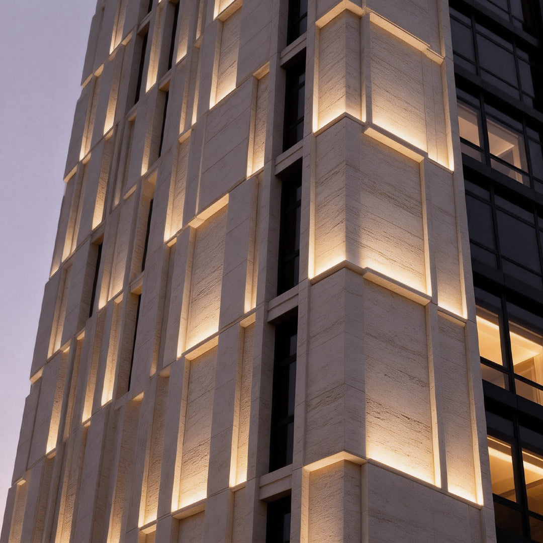LED wall washer light highlighting the facade of a modern building with sleek linear lighting design.