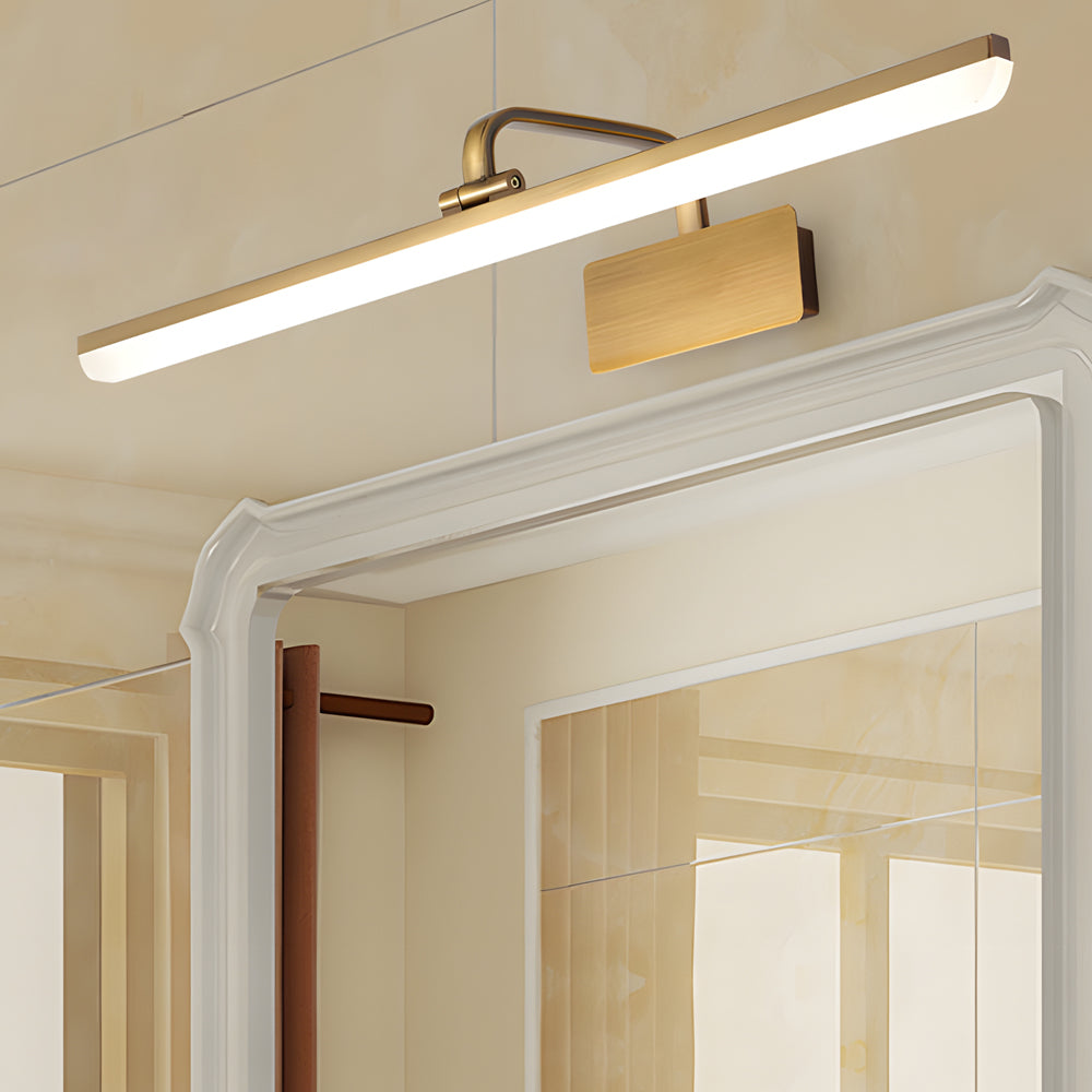 Light bar vanity with a close-up of its adjustable gold arm and light bar.