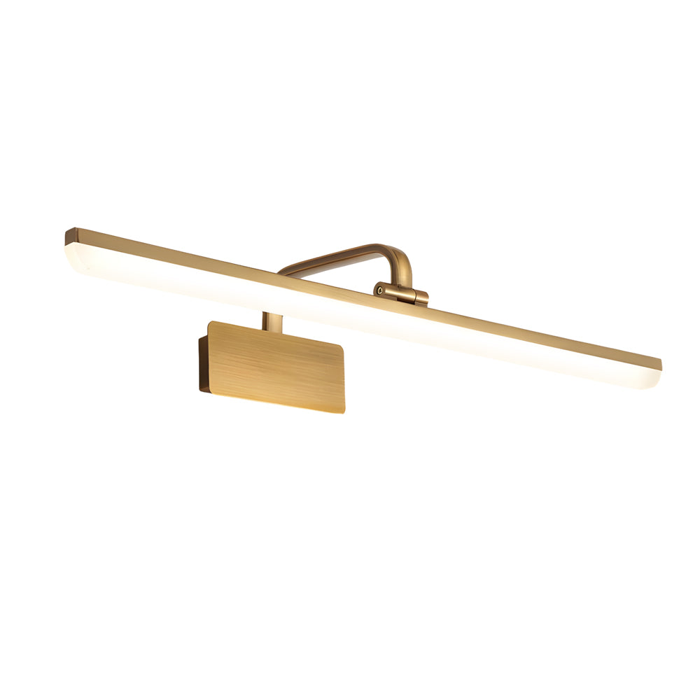 Light bar vanity with a close-up of its gold mounting bracket and light bar.
