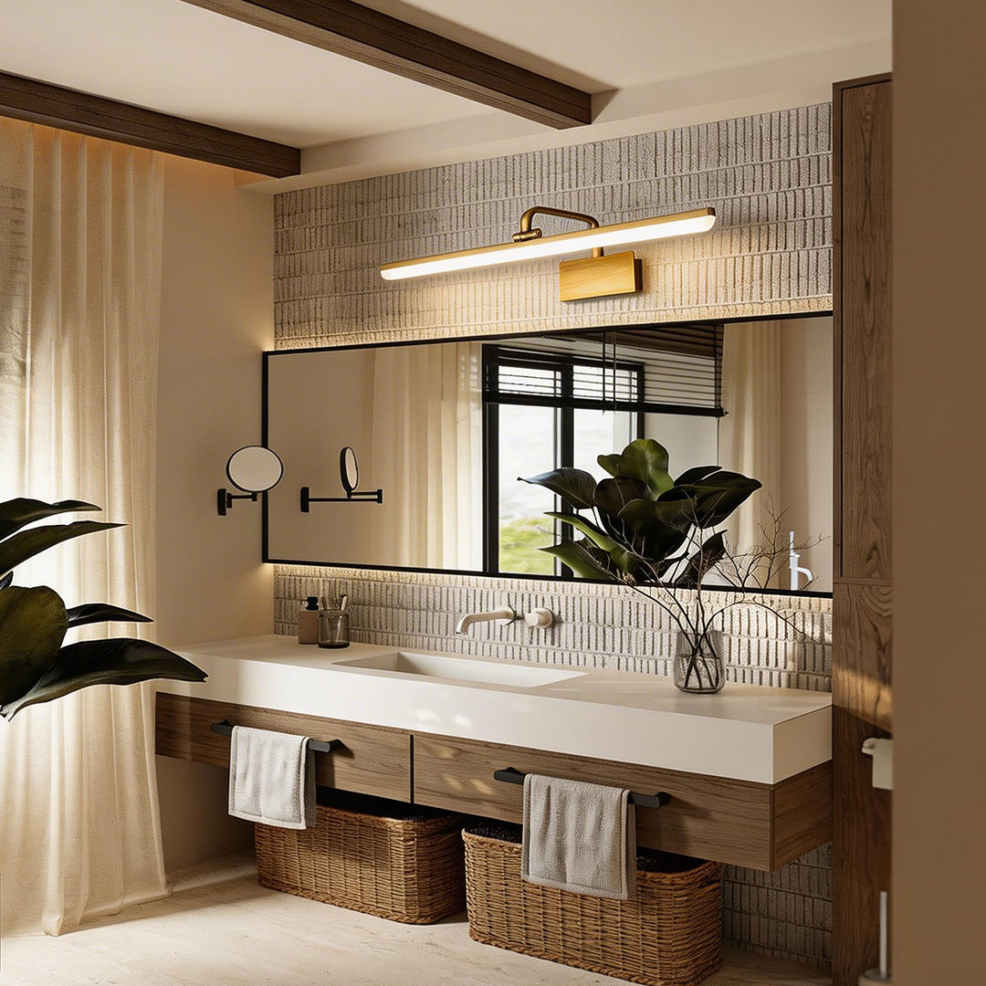 Light bar vanity with a minimalist design, enhancing a contemporary bathroom with double sinks.