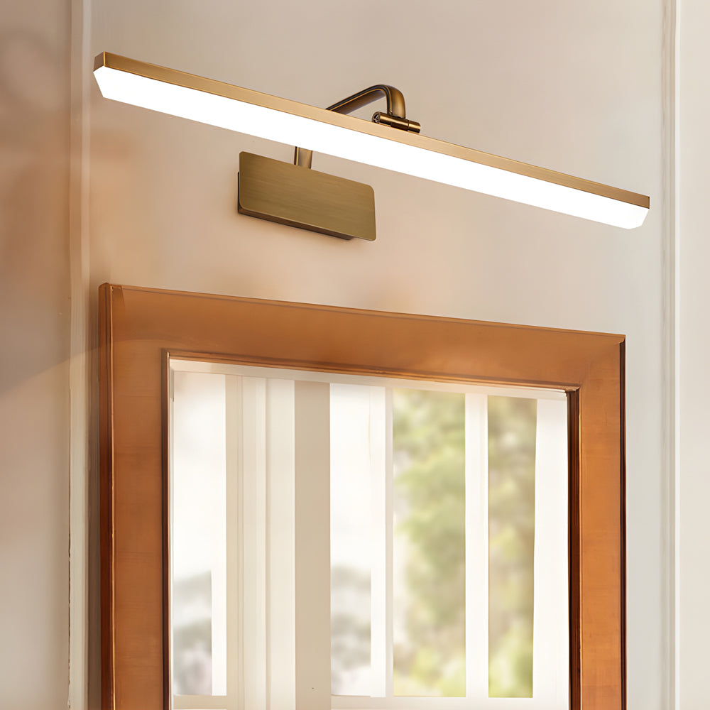 Light bar vanity with a modern design, illuminating a classic bathroom with a large mirror.