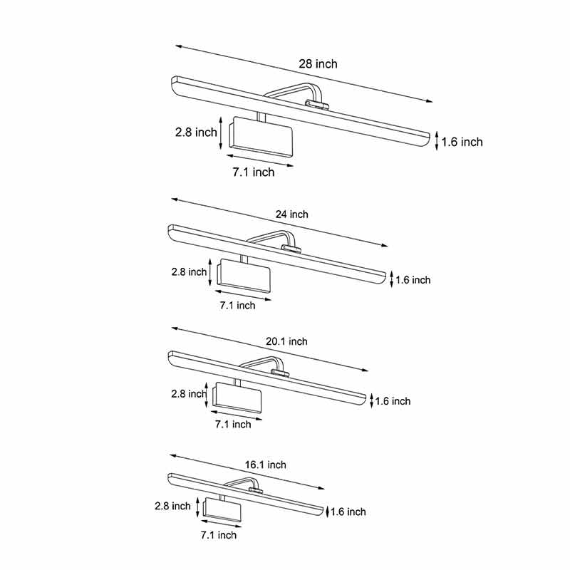 Technical diagram showing dimensions and structure of light bar vanity models.