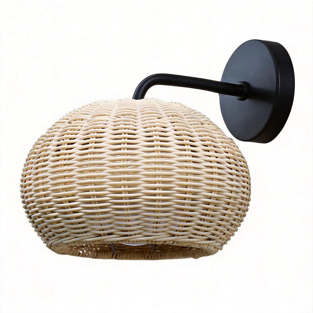 Light beige rattan outdoor pendant light fixture with black mount isolated on white background