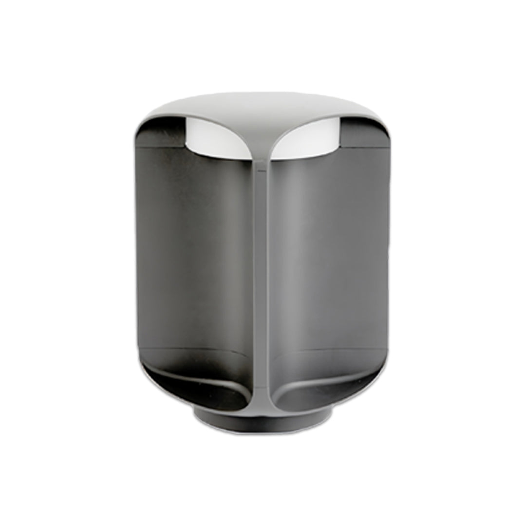 Wide cylindrical light bollard with a reflective top and contemporary outdoor style.