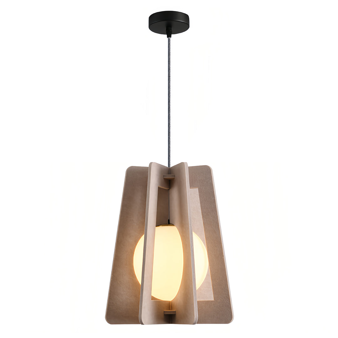 Contemporary light brown felt fun pendant lights featuring a warm globe bulb and soft acoustic material. 