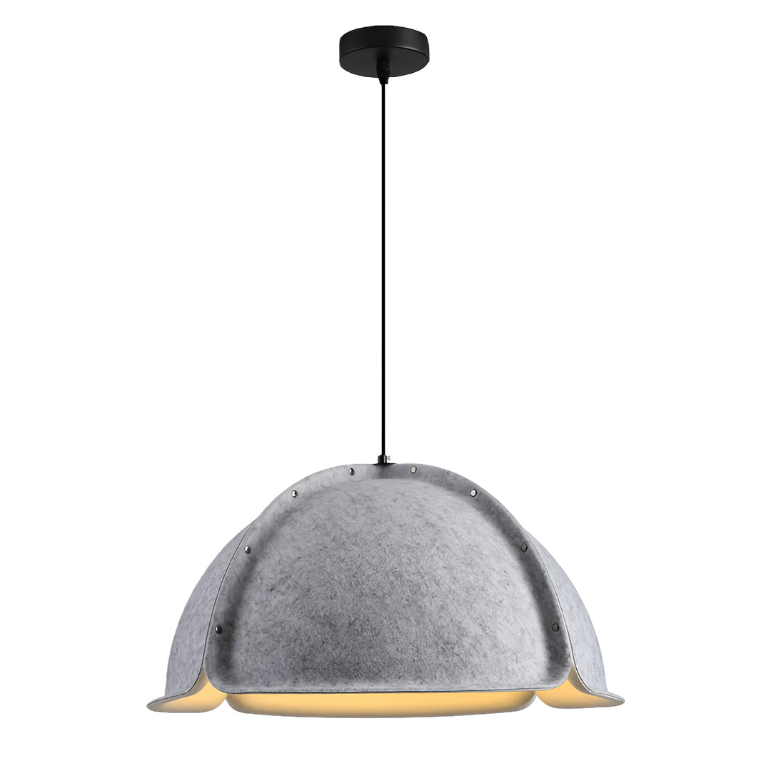 Light grey felt colored pendant light with a unique mushroom shape, showcasing the warm interior glow.