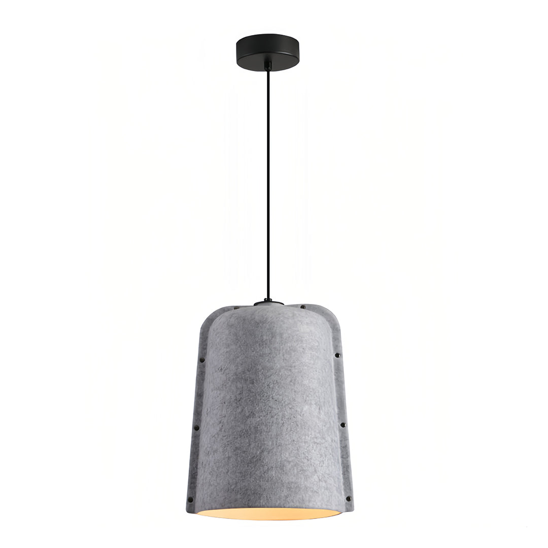 Studio shot of a light grey felt adjustable pendant light, providing soft, warm illumination from the bottom opening.