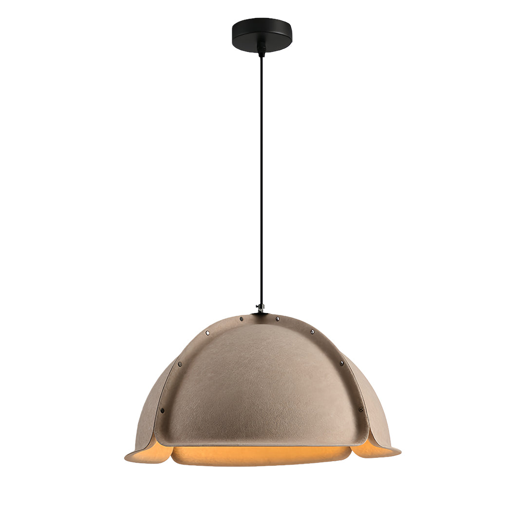 Light grey felt colored pendant light with a wide, tiered slatted design, offering acoustic benefits. 