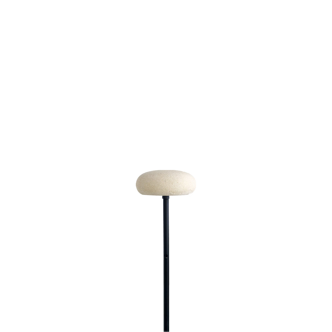 Light grey outdoor mushroom pathway light featuring a round cap and thin black pole.