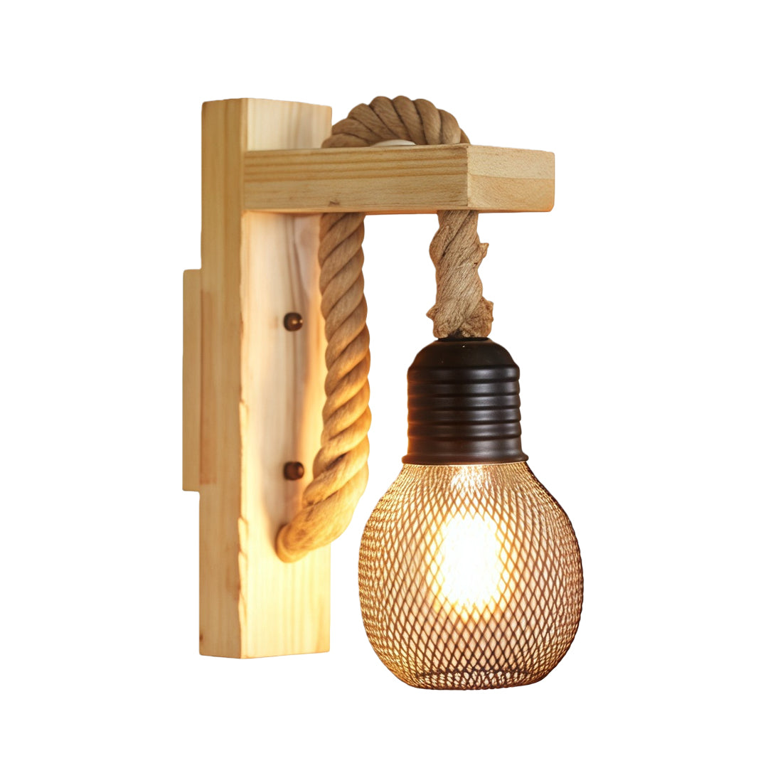 Light natural wood rustic wall light with braided rope detail and a caged bulb, on a white background.