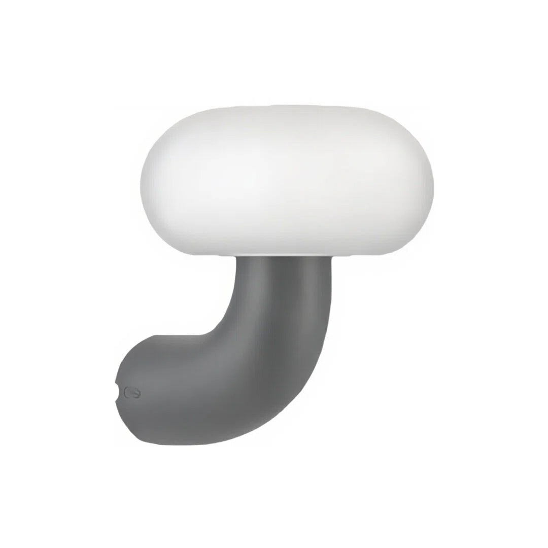 Contemporary light outdoor wall sconce featuring a rounded white shade and curved dark base for exterior lighting.