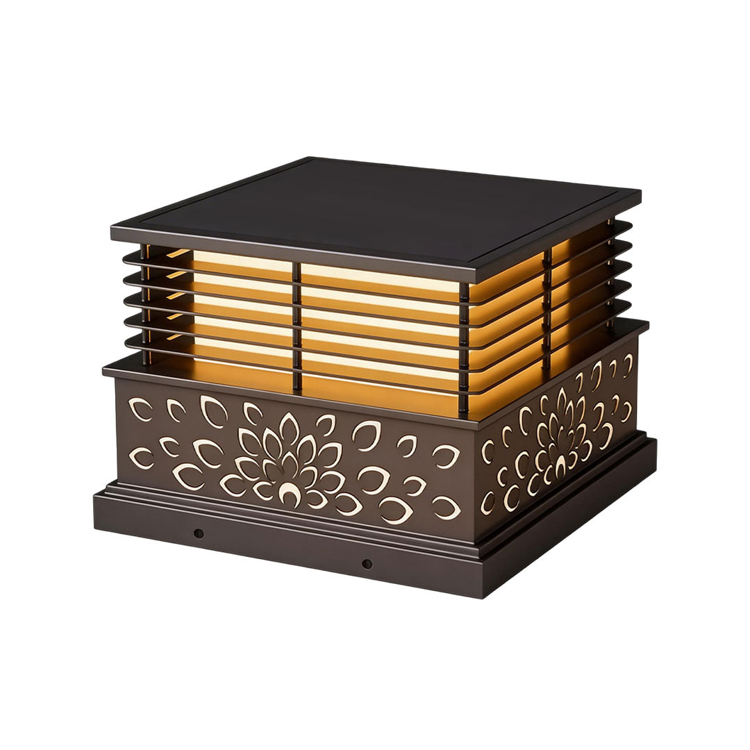 Light pillar for home with a black metal frame and decorative floral patterns, ideal for gardens.