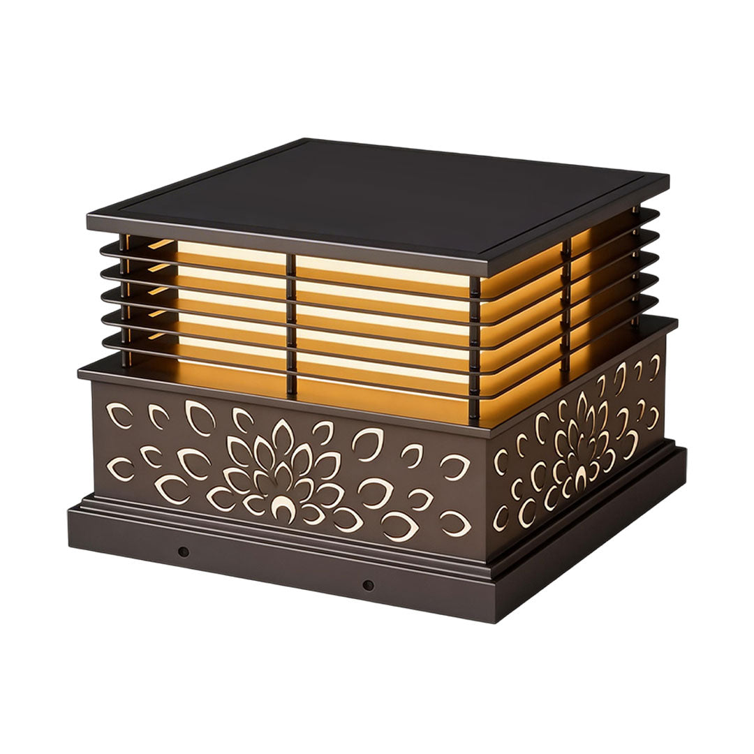 Light pillar for home with a layered wooden and metal design, providing ambient lighting.