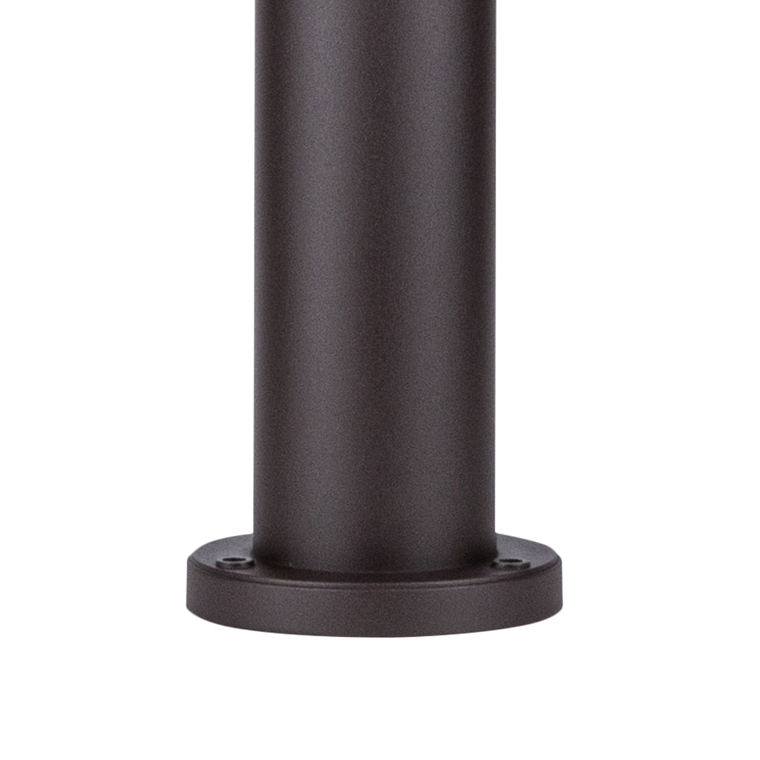 Close-up of dark metal light post base with circular mounting plate