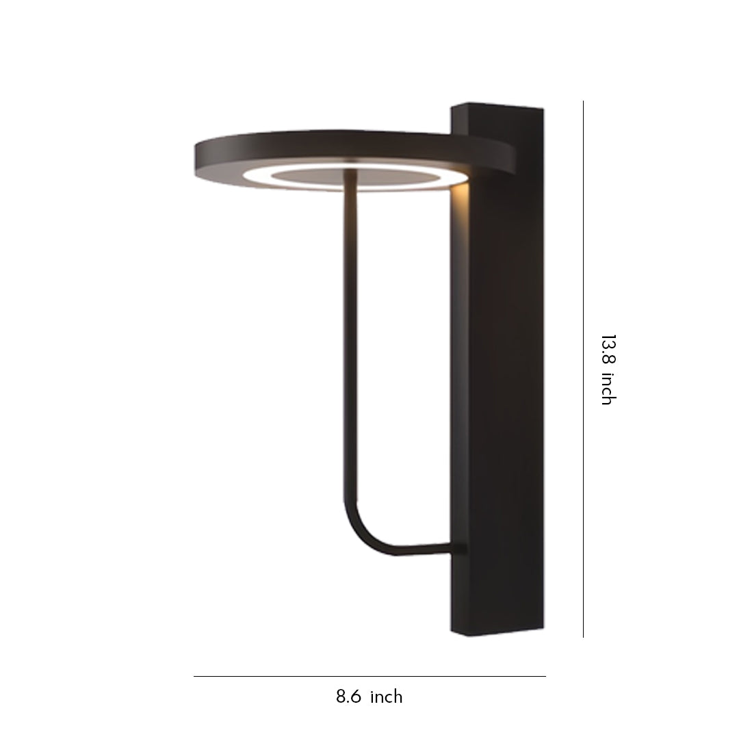 Sleek modern light sconces outdoor fixture with a circular top shade and minimalist black frame.