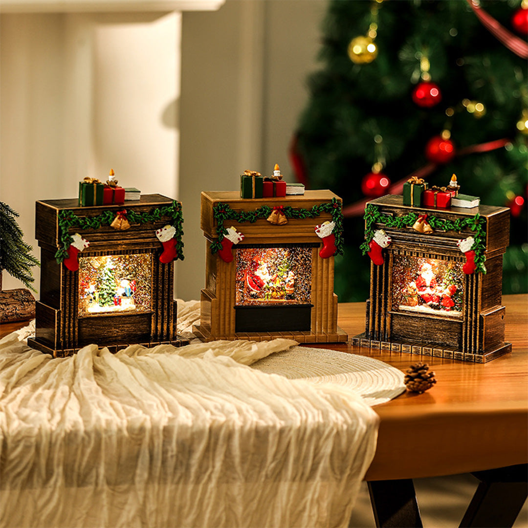 gold-tone christmas fireplace ornament with internal LED lights and festive garlands