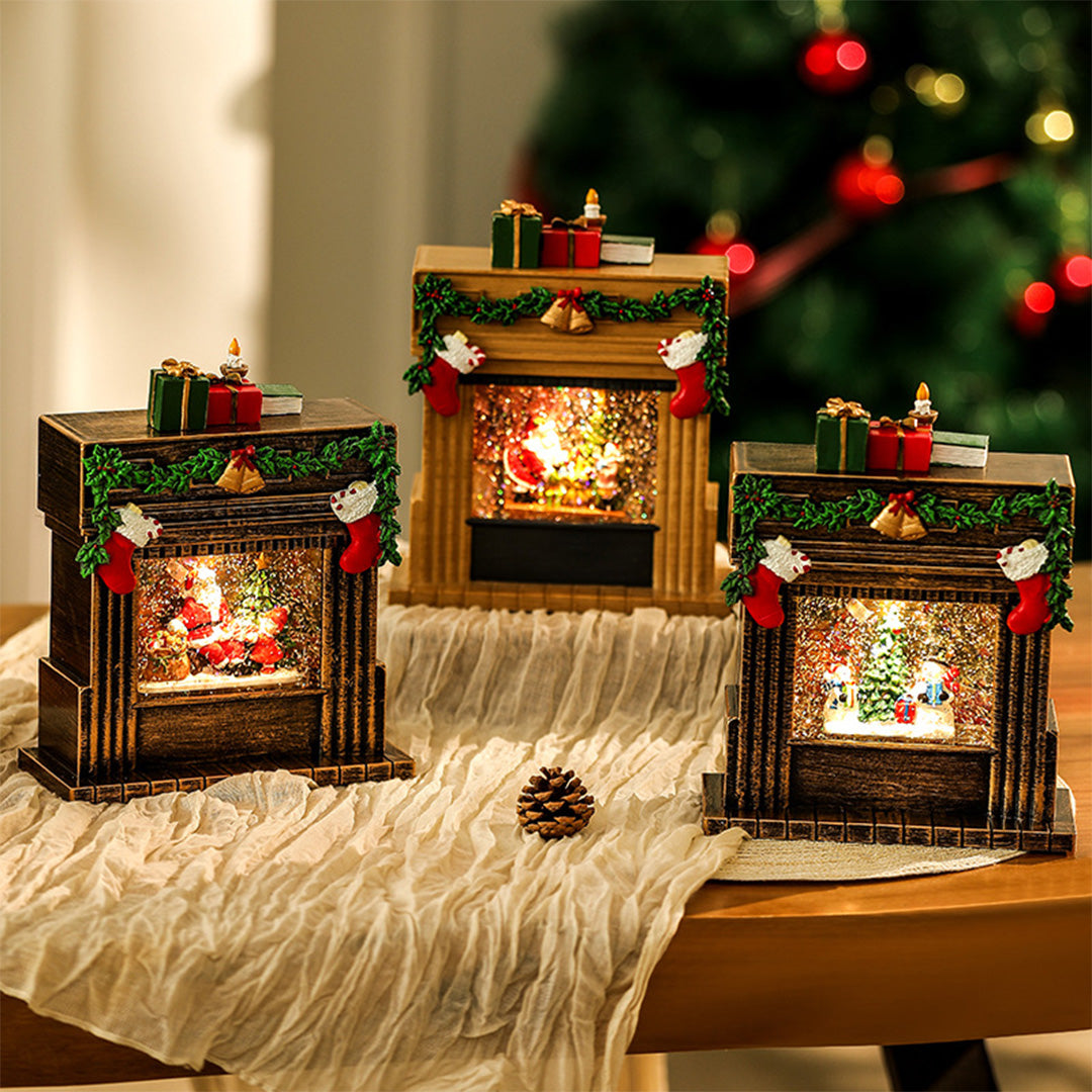 gold-tone christmas fireplace ornament with internal LED lights and festive garlands