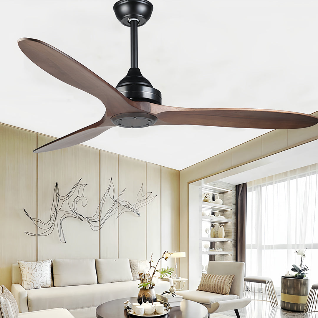 Modern wooden ceiling fan with light featuring light wood tones in stylish living area