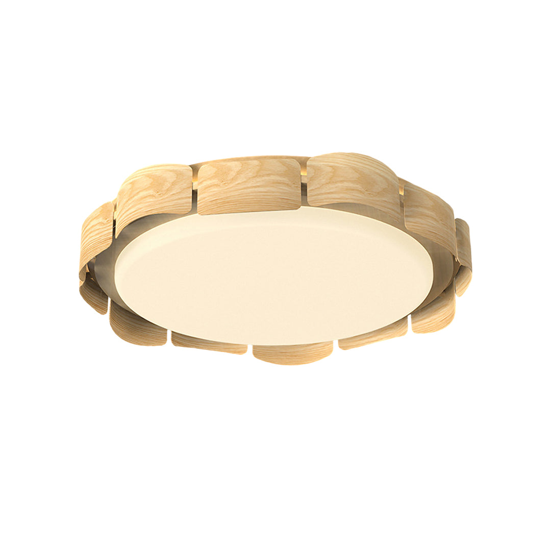 Light wood glass shade chandelier with circular LED design and warm natural tones