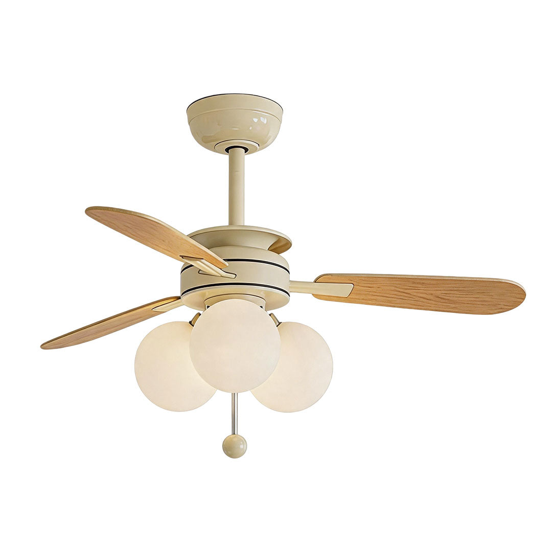 Indoor ceiling fan with light featuring light wood blades and four round frosted glass shades.