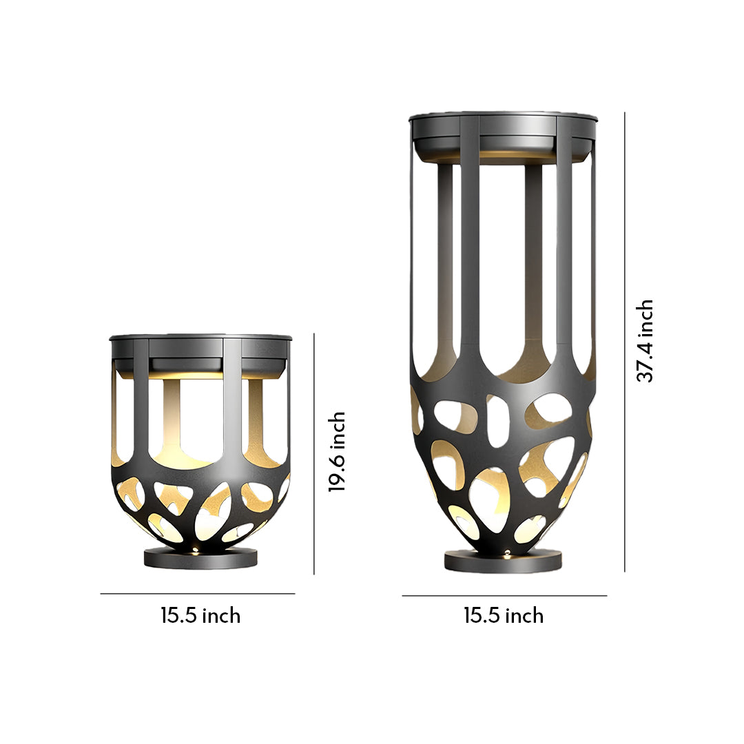 Dimension chart showing two sizes of the lighted outdoor planter, 19.6 inches and 37.4 inches tall.
