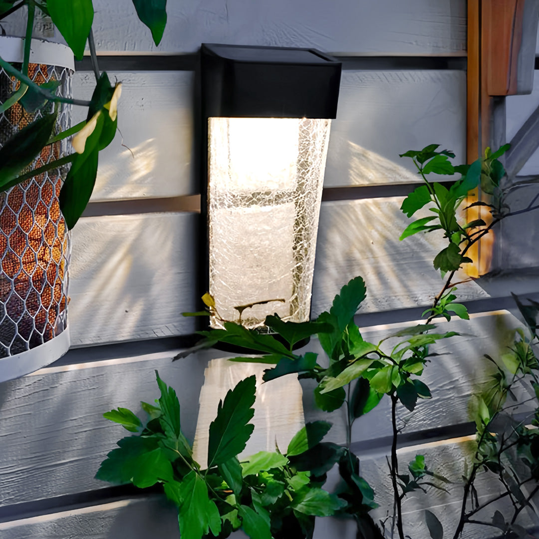 An outdoor wall lantern mounted along garden greenery, creating warm ambient light and decorative lighted outdoor wall decor.
