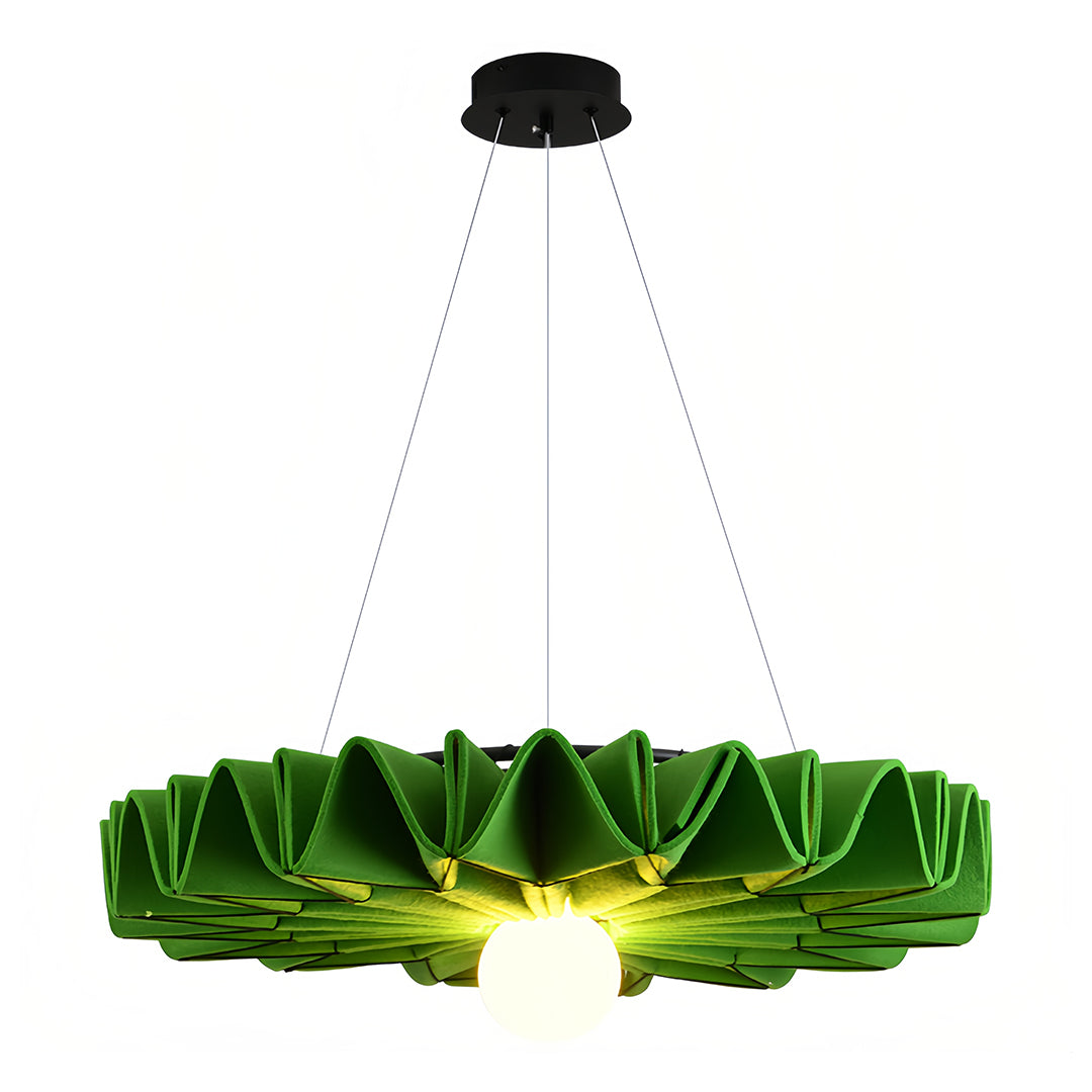 Close-up studio shot of a vibrant lime green cloth chandelier with floral-inspired ruffles 