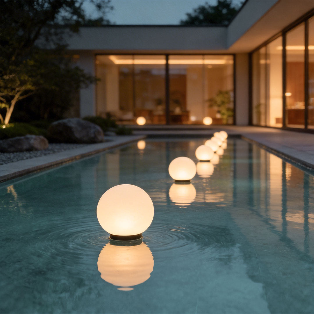 A line of glowing round landscape lighting globes floating in a luxury villa swimming pool.