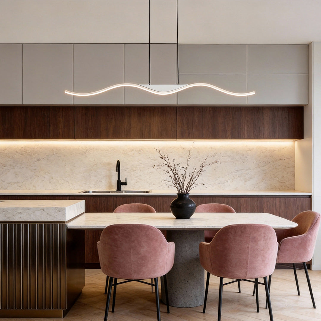 The line wave pendant light above a dining table, adding a dynamic yet subtle touch to the room with its flowing and elegant design.