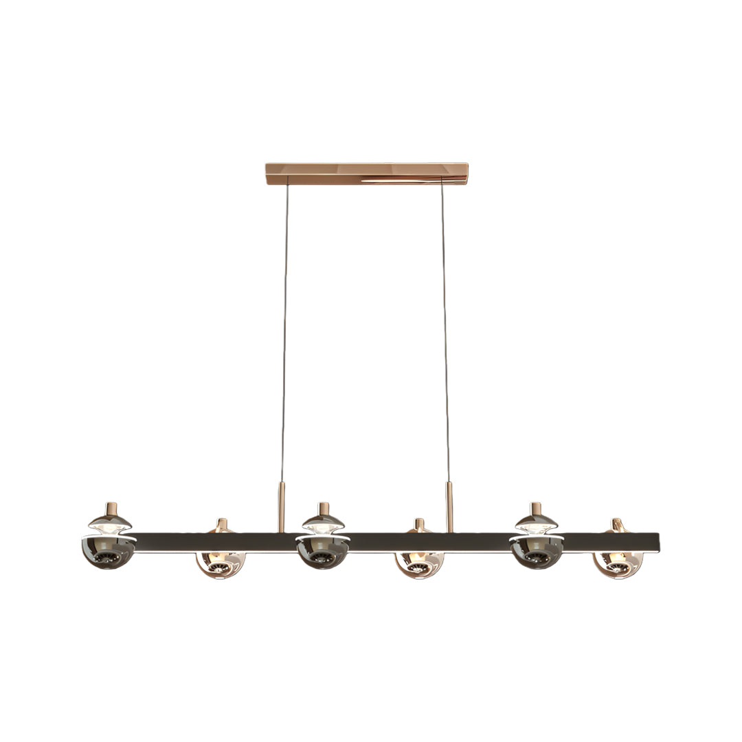 Linear black and gold modern chandelier with horizontal bar design and multiple spherical glass shade elements
