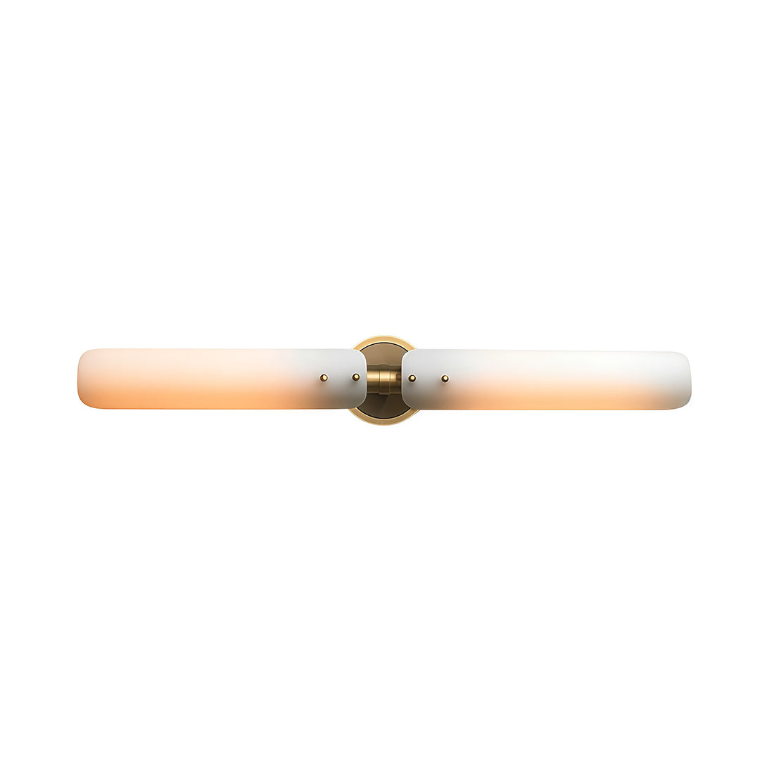 Linear brass wall light with glass shade showcasing horizontal frosted tube with brass end caps.