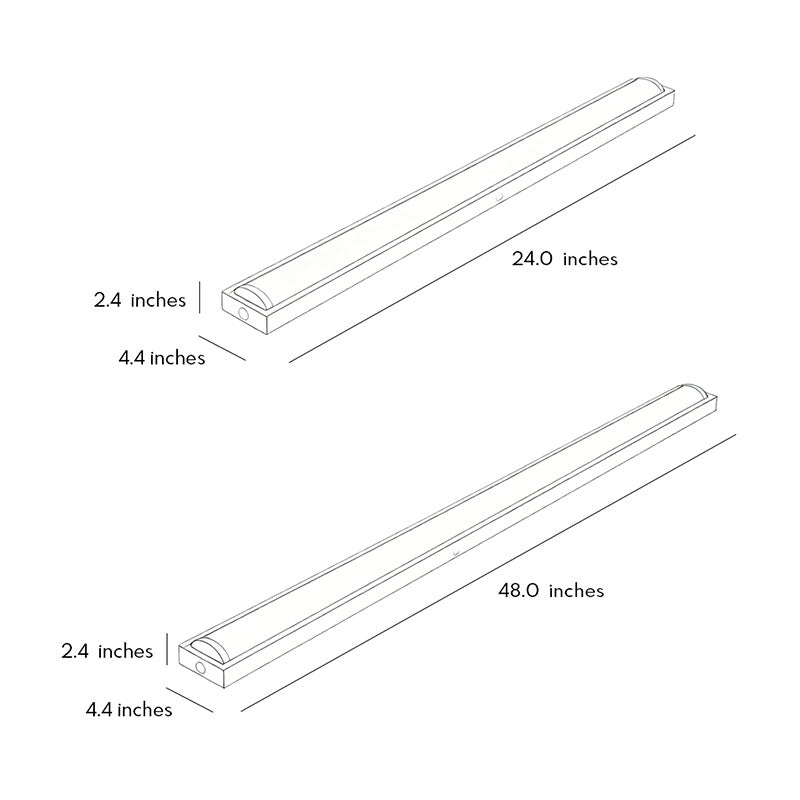 Dimension drawing of linear ceiling light showing multiple size options and measurements.