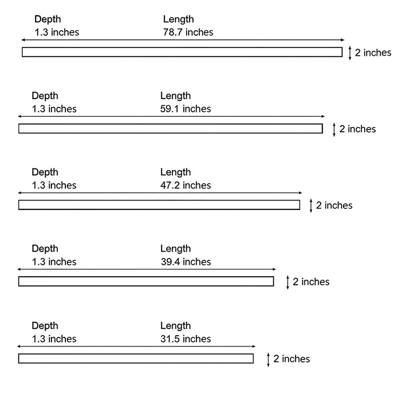 Linear ceiling light dimension drawing showing multiple size options with length and depth measurements.