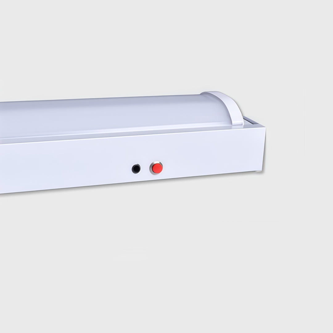 Close-up view of linear ceiling light end cap and integrated LED diffuser design.