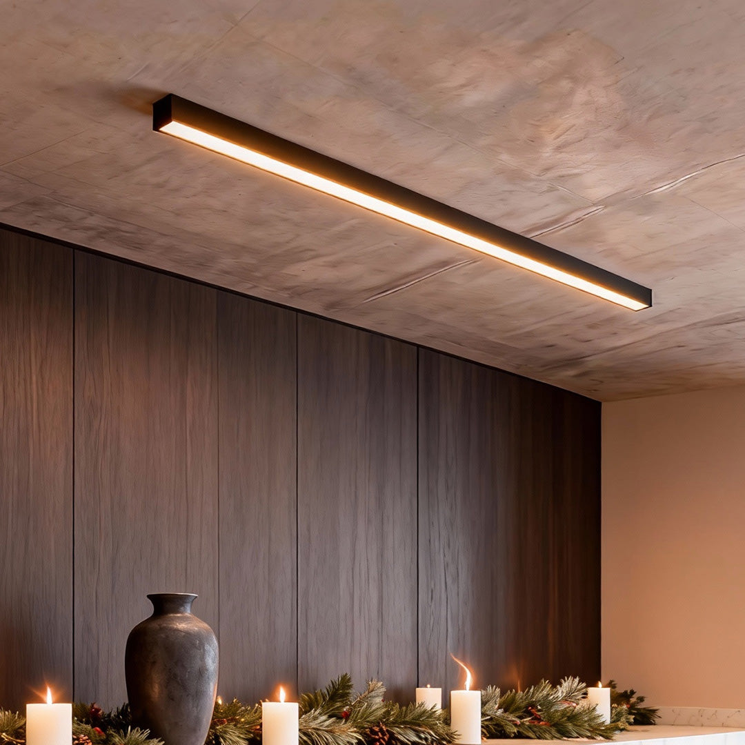 Modern linear ceiling light installed in a minimalist concrete ceiling interior.
