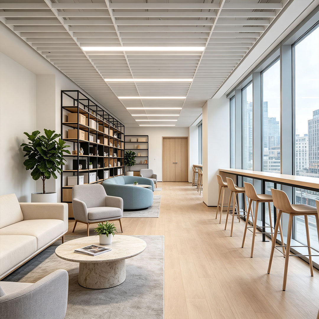 Linear ceiling light illuminating a bright modern office lounge and workspace.