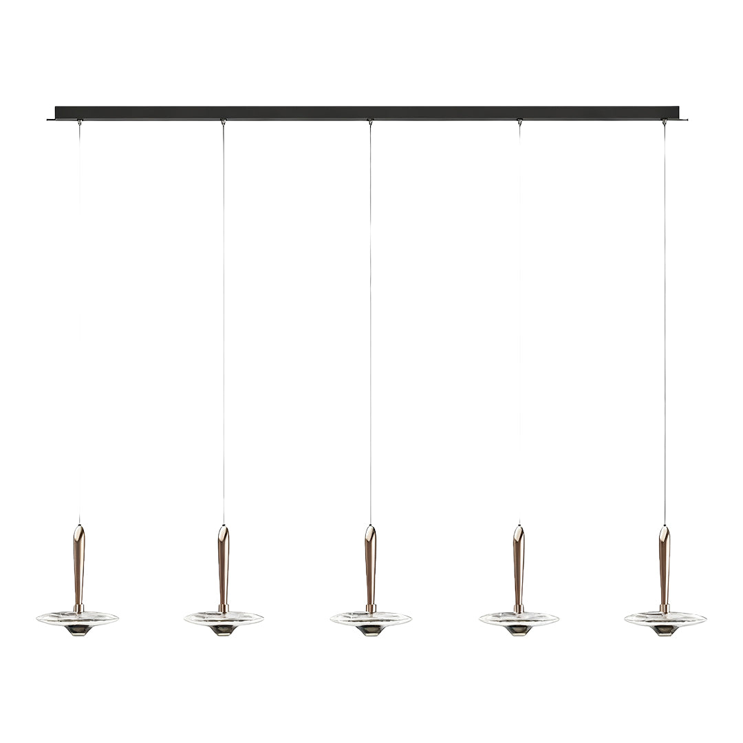 Linear chandelier with round crystals featuring horizontal bar with five candle-style lights in black finish
