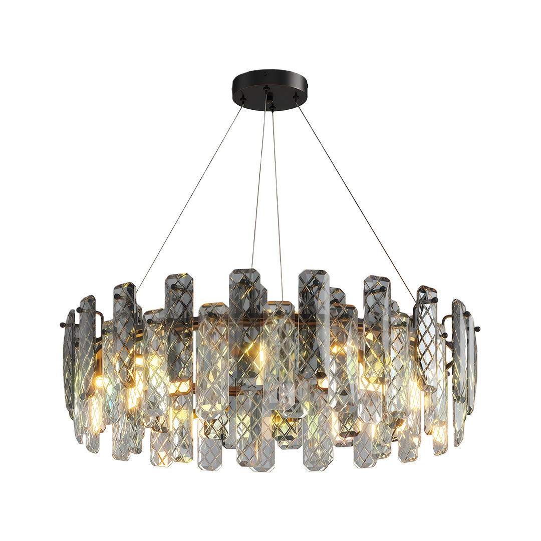 Luxury contemporary crystal chandeliers in linear chrome design with cascading crystal elements.