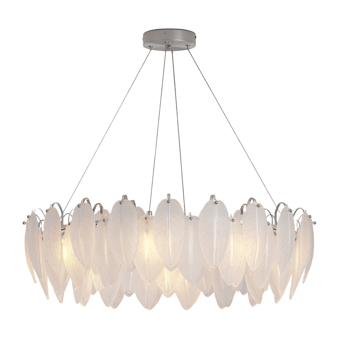 Feather chandeliers in linear chrome design with cascading glass petal elements