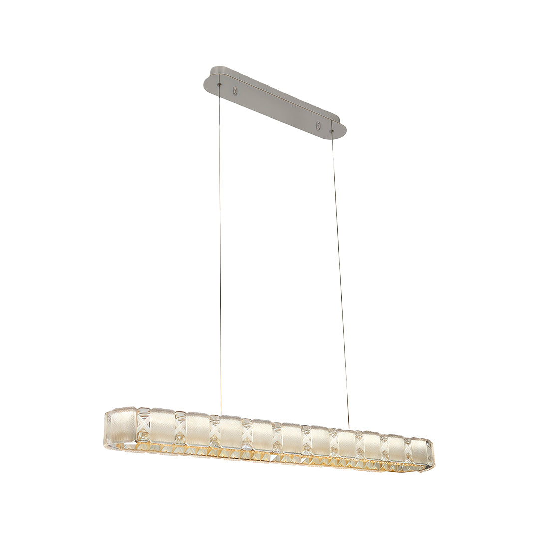 Linear chrome chandelier with rectangular crystal glass panels creating elegant suspended lighting