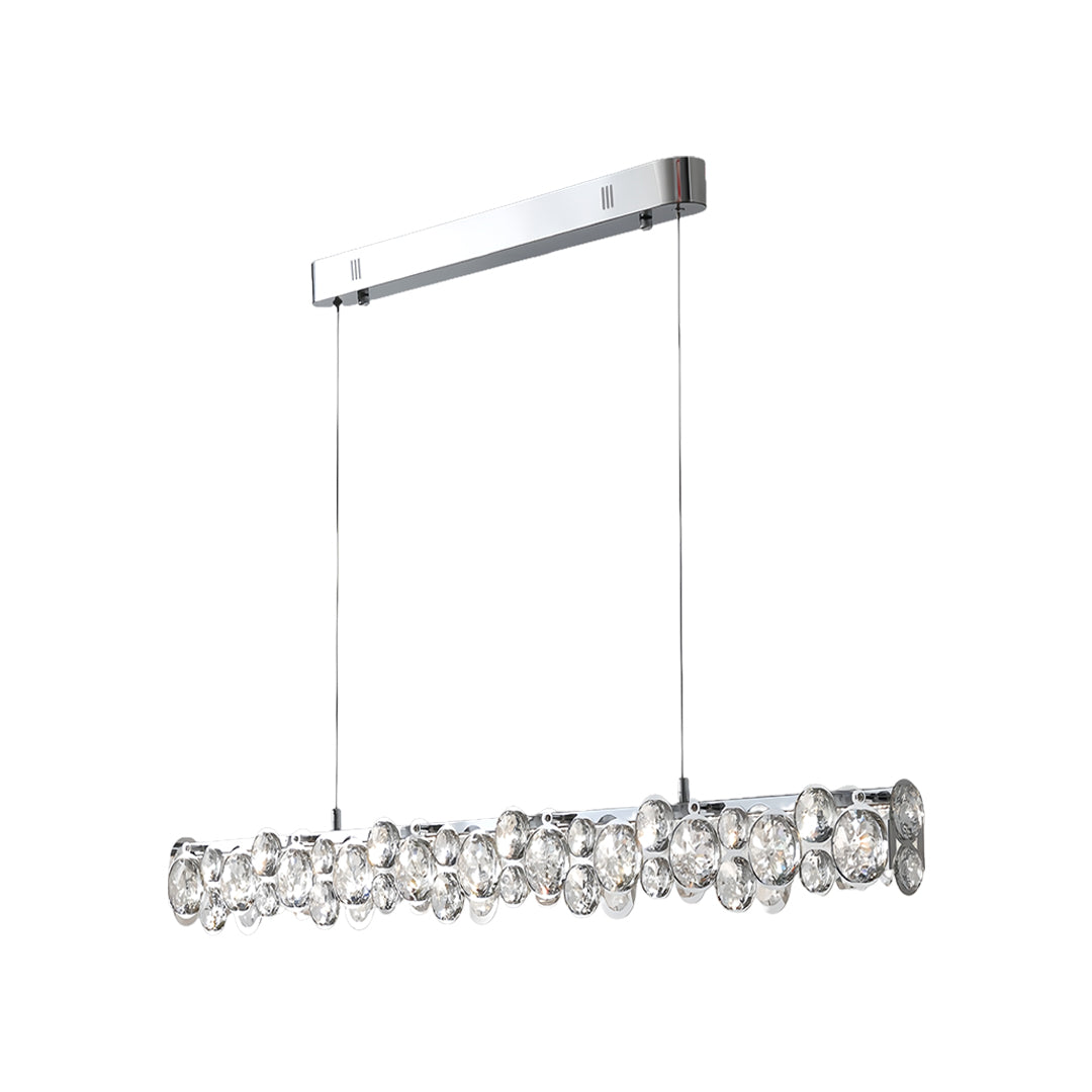 Linear chrome silver pendant light with large round faceted crystal accents, adding glamorous sparkle above a dining space.