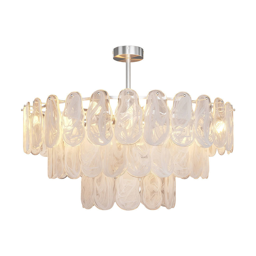 Luxury midcentury modern chandeliers in linear chrome design with symmetrical frosted glass elements.