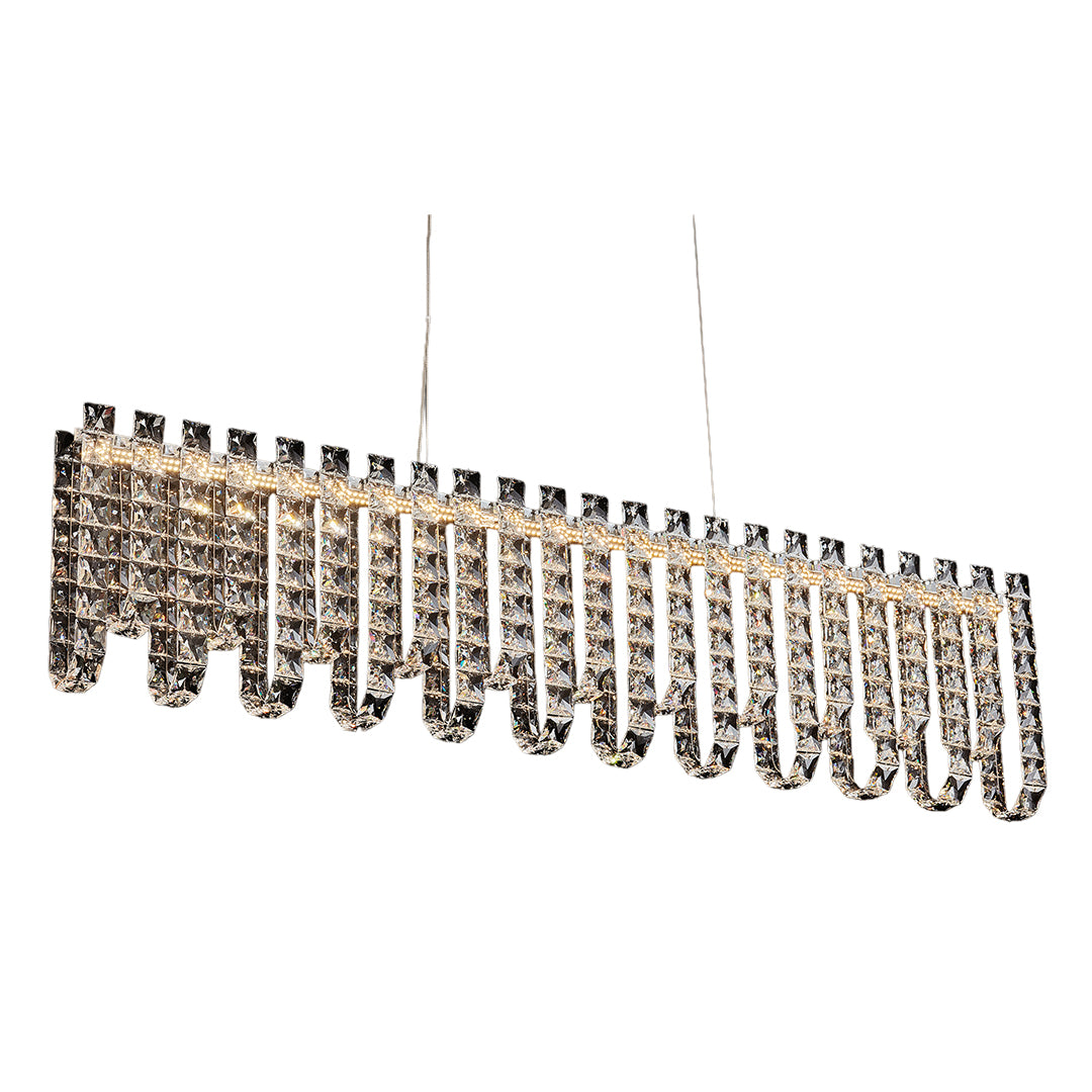 Rectangular linear crystal chandelier modern with gold frame and vertical glass prisms.