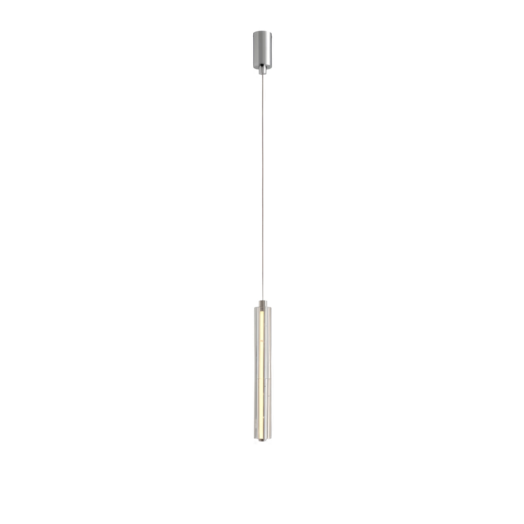 Contemporary crystal pendant light showcasing linear form with brilliant crystal elements and polished metallic finish