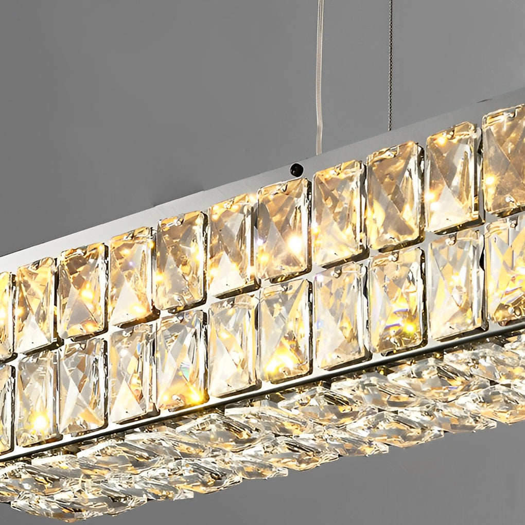 Close-up of a linear crystal light showcasing its sparkling crystal details and modern design.